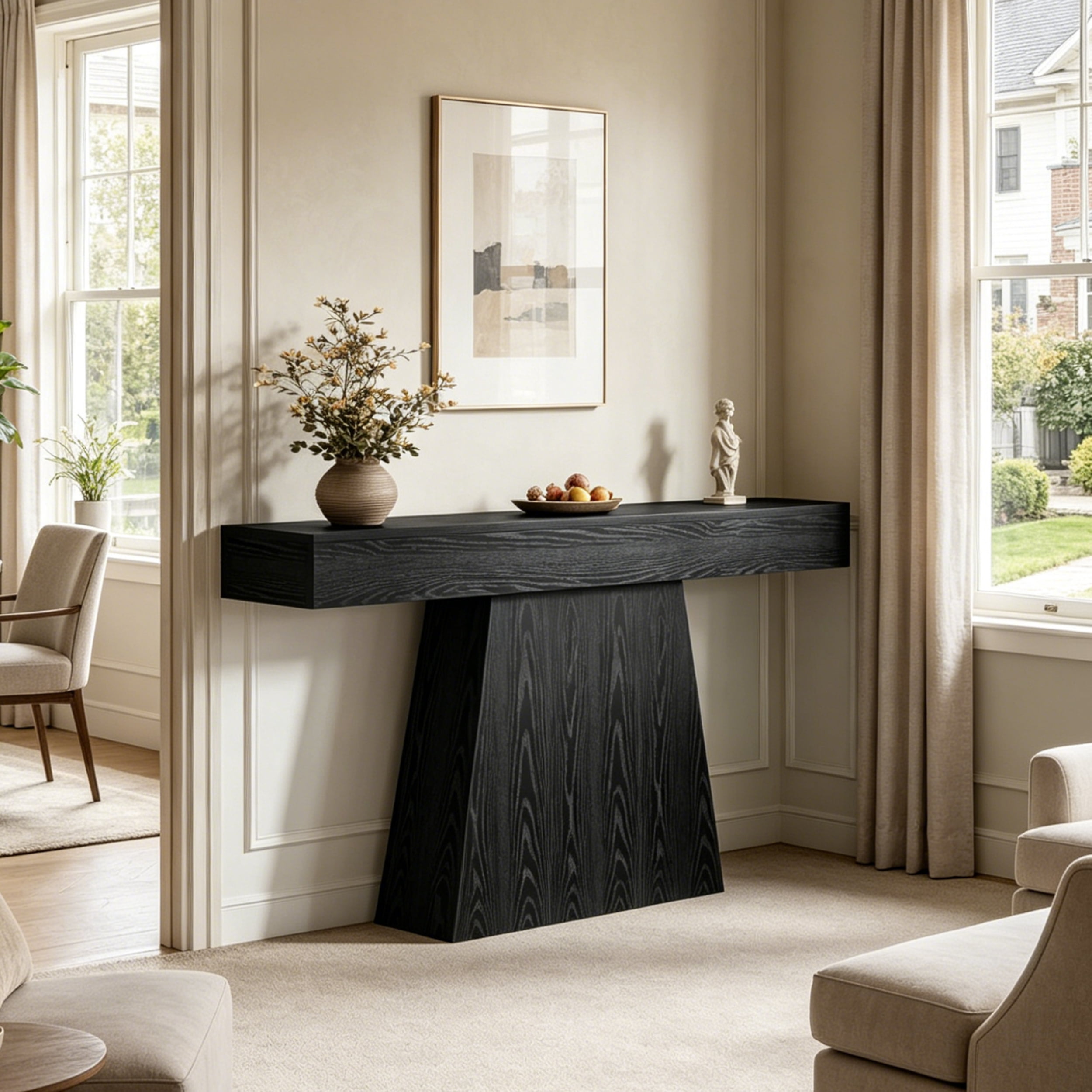 Fnova 63" Farmhouse Console Table, Narrow Wooden Entryway Table, Geometric Base Sofa Table for Living Room, Hallway, Black