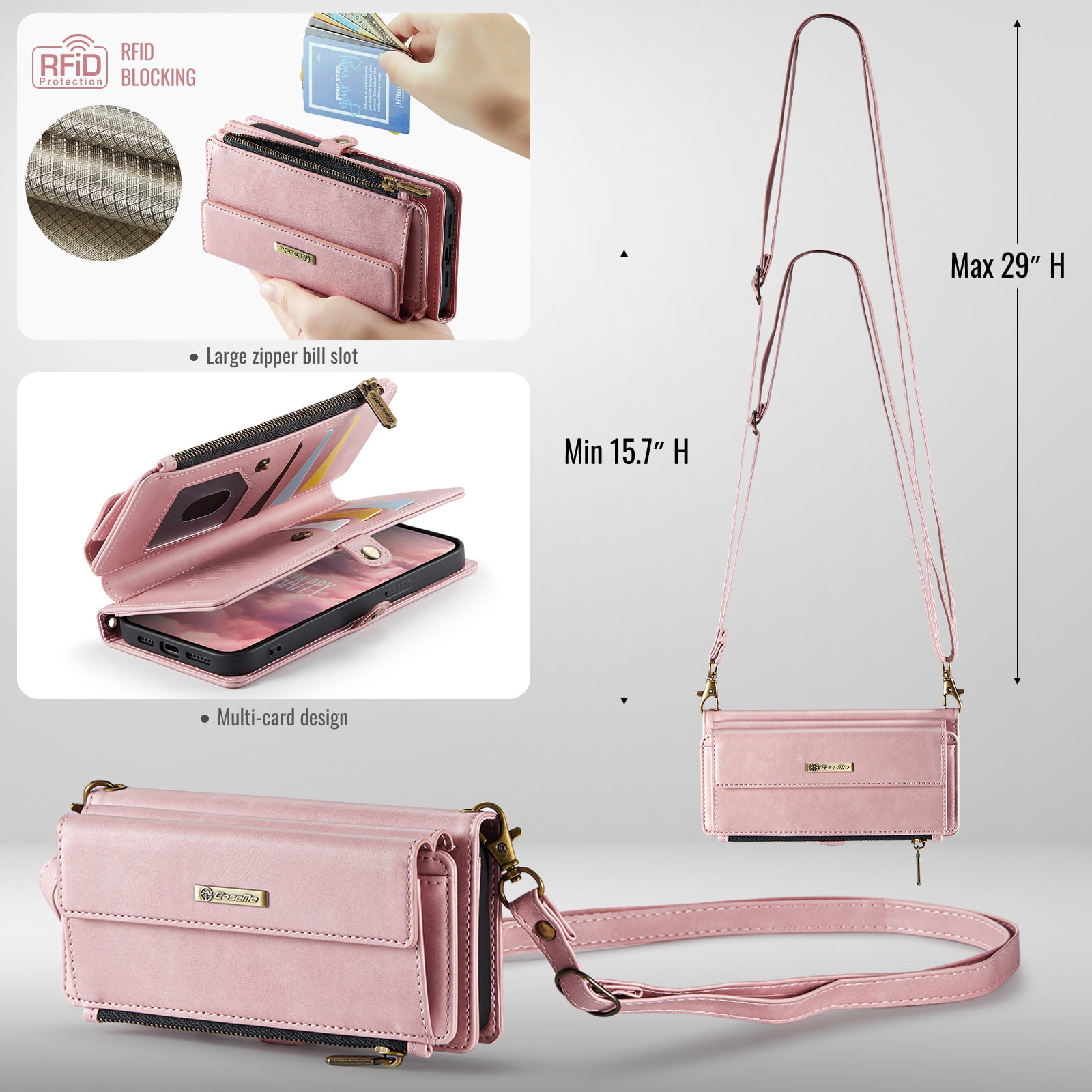 Compatible with iPhone 13 Wallet Case, Women Men RFID Blocking PU Leather Flip Cover Zipper Pocket Card Slots Phone Case for iPhone 13, Wrist Strap & Crossbody Strap, Pink