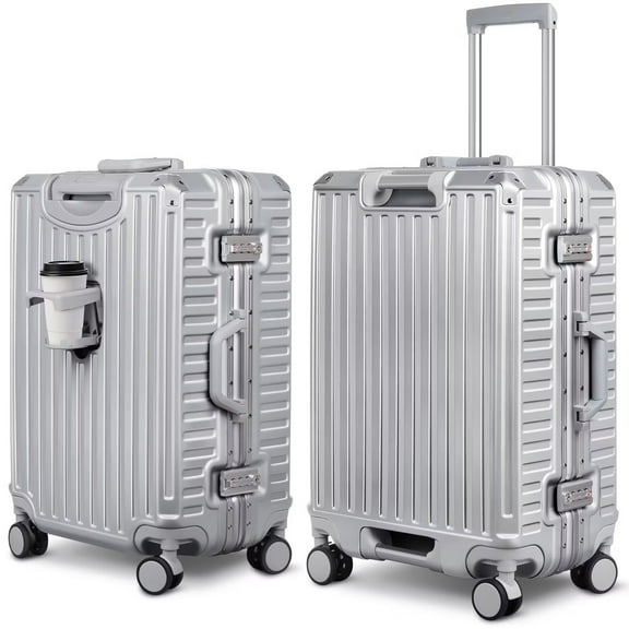 Fenbeli 28″ Hardshell Luggage with Cup Holder, TSA Locks, ABS PC Suitcases with Spinner Wheels for Travel, Aluminum Frame Silver