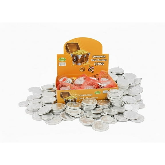 Hanukkah Chocolate Gelt Coins, Dark Chocolate, Kosher Parve, 24 Mesh Bags Perfect for Dreidel Games, Chanukah Celebrations