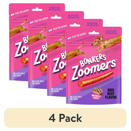 (4 pack) BONKERS Zoomers BBQ Beef Flavor Soft & Chewy Treats for Dogs, 5.6oz Bag