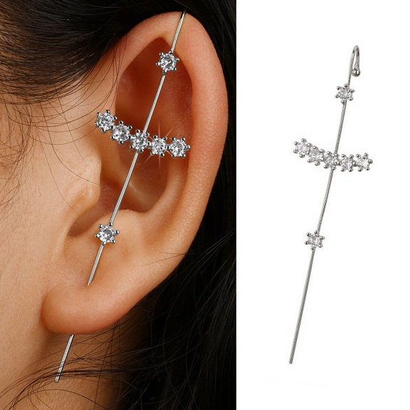 White Gold Plated Diamond Cut Ear Cuff Bar Earring With Cubic Zirconia
