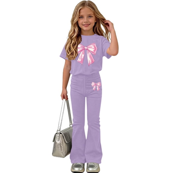 Amidoa Girls Summer 2 Piece Outfits Floral Cute Short Sleeve and Casual Pants Kids Clothing Set Purple Size 11 Purple Size 13