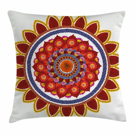 Red Mandala Throw Pillow Cushion Cover Round Figure With Leaves