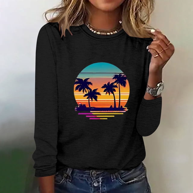 EQWLJWE Chemises à Manches Longues pour Femmes Mode Été T-Shirt Décontracté à Manches Longues Imprimé Col Rond Vêtements d'Automne pour Femmes