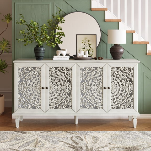 Aukfa 60" Antique Buffet Cabinet with Floral Carved Doors, Solid Wood Sideboard TV Stand for Kitchen Dining Living Room,White