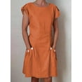 thumbnail image 1 of Women Retro Short Sleeve Solid Color Pocket Buttons Midi Dress Casual O Neck Cotton Linen Dresses Harajuku Clothing VestidosL Gao Jinjia LED, 1 of 2