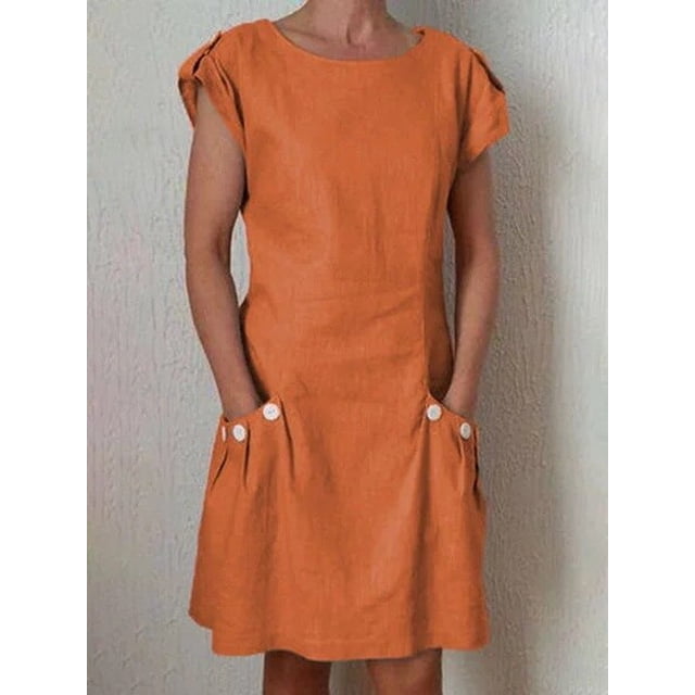 Women Retro Short Sleeve Solid Color Pocket Buttons Midi Dress Casual O Neck Cotton Linen Dresses Harajuku Clothing VestidosL Gao Jinjia LED