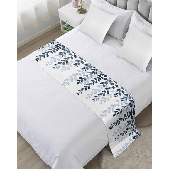 Bed Runner for Twin Size, Navy Blue Ombre Botanical Decorative Scarf Throws for Foot of Bed, Watercolor Pastoral Leaf Luxury Bedding Protector Slipcover Bedrunners for Hotel/Home, 71 x 20 Inch