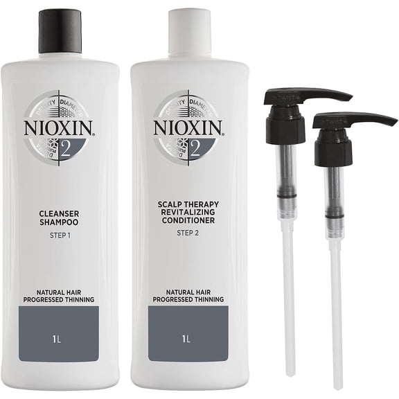 Nioxin System 2 Cleanser Shampoo & Scalp Therapy Conditioner Set For Natural Hair, 33.8 oz Each With Pumps