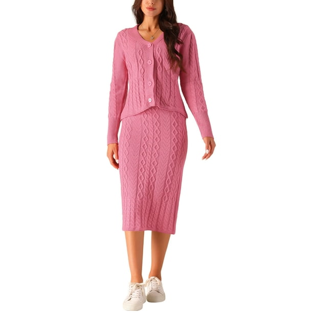 Conjunto de suéter casual de otoño e invierno para mujeres INSPIRE CHIC, chaqueta de cuello en V, conjunto de dos piezas, falda midi, conjunto de lounge, L rosa