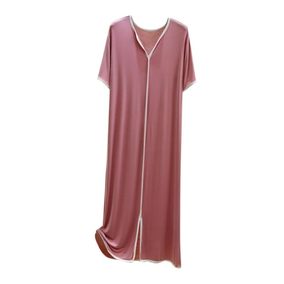 DISKEBUISS Women's Solid Color Pajama Dress Relaxed Fit V-Neck Short Sleeve Nightdress Cozy Summer Sleepwear