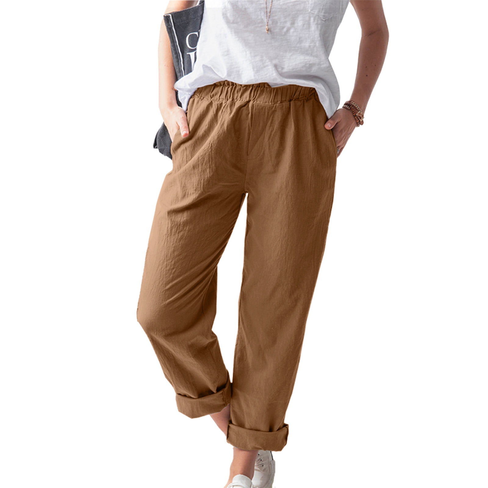Yuehao Pants for Women Women Solid Tightness Cotton Linen Trousers Pocket Casual Pants Clothes (Orange), Women's, Size: 2XL