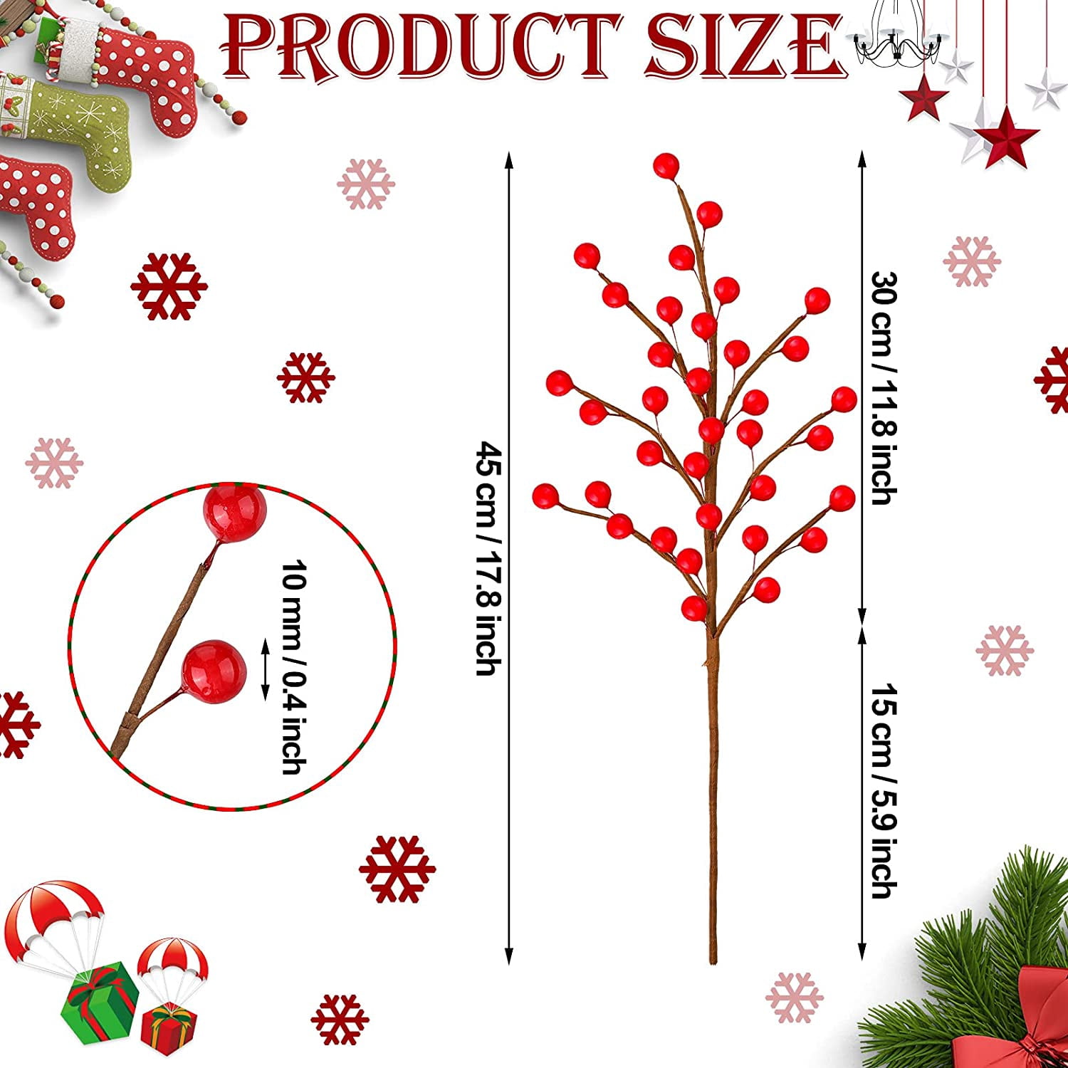 20 Pieces Christmas Artificial Berry Twigs for Christmas Tree Decoration 18 Inch Christmas Red Berry Stems Xmas Holly Berry Branches for Crafts Wreath Garland Christmas Ornaments Decor
