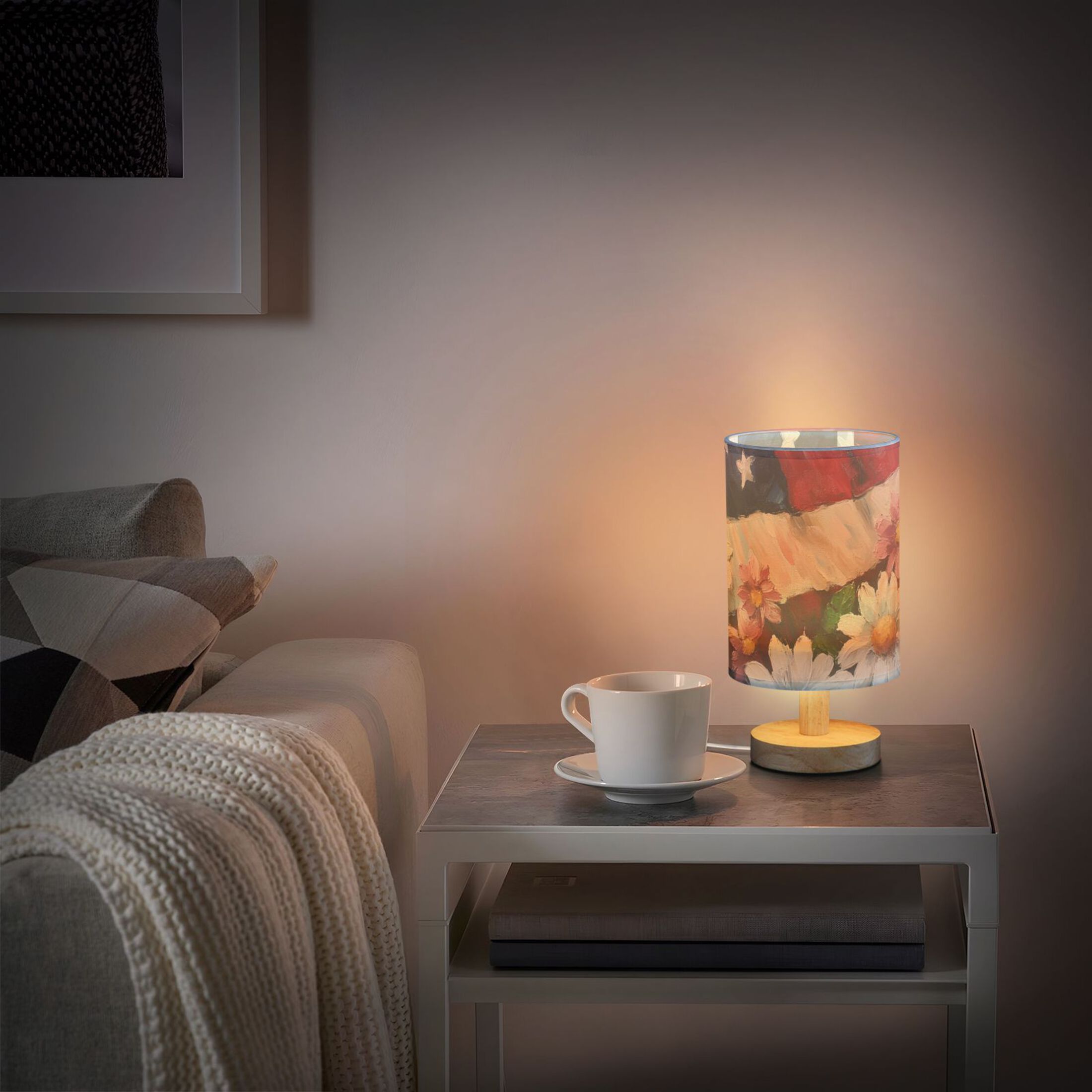 Flag and Flowers Oil Painting Table Lamp with USB Port LED Warm Light Lamp Night Light Home Decor
