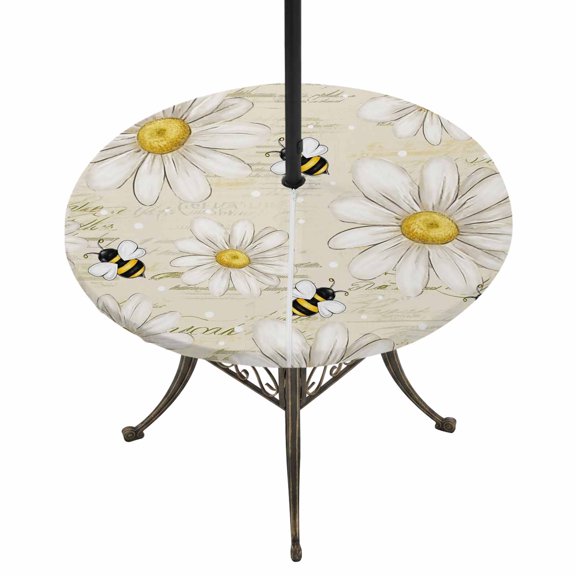 Round Outdoor Tablecloth with Umbrella Hole and Zipper, White Daisy Farmhouse Tablecloth with Elastic Waterproof, Garden Floral Honeybees Vintage Patio Table Covers for 55" - 60" Picnic Pool Tables