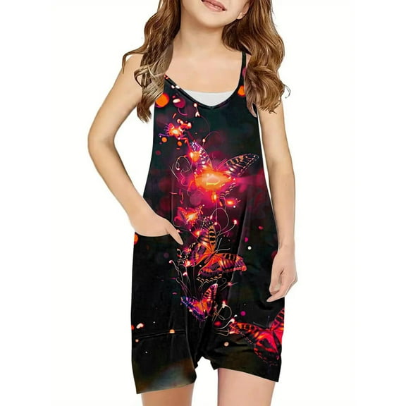 Nrmvnmi Kids Girls' Jumpsuits & Rompers Summer Tie Dye Sleeveless Casual Romper Spaghetti Strap Shorts Overalls with Pockets Size 5-14 Years Multicolor-DMothers Day Gifts