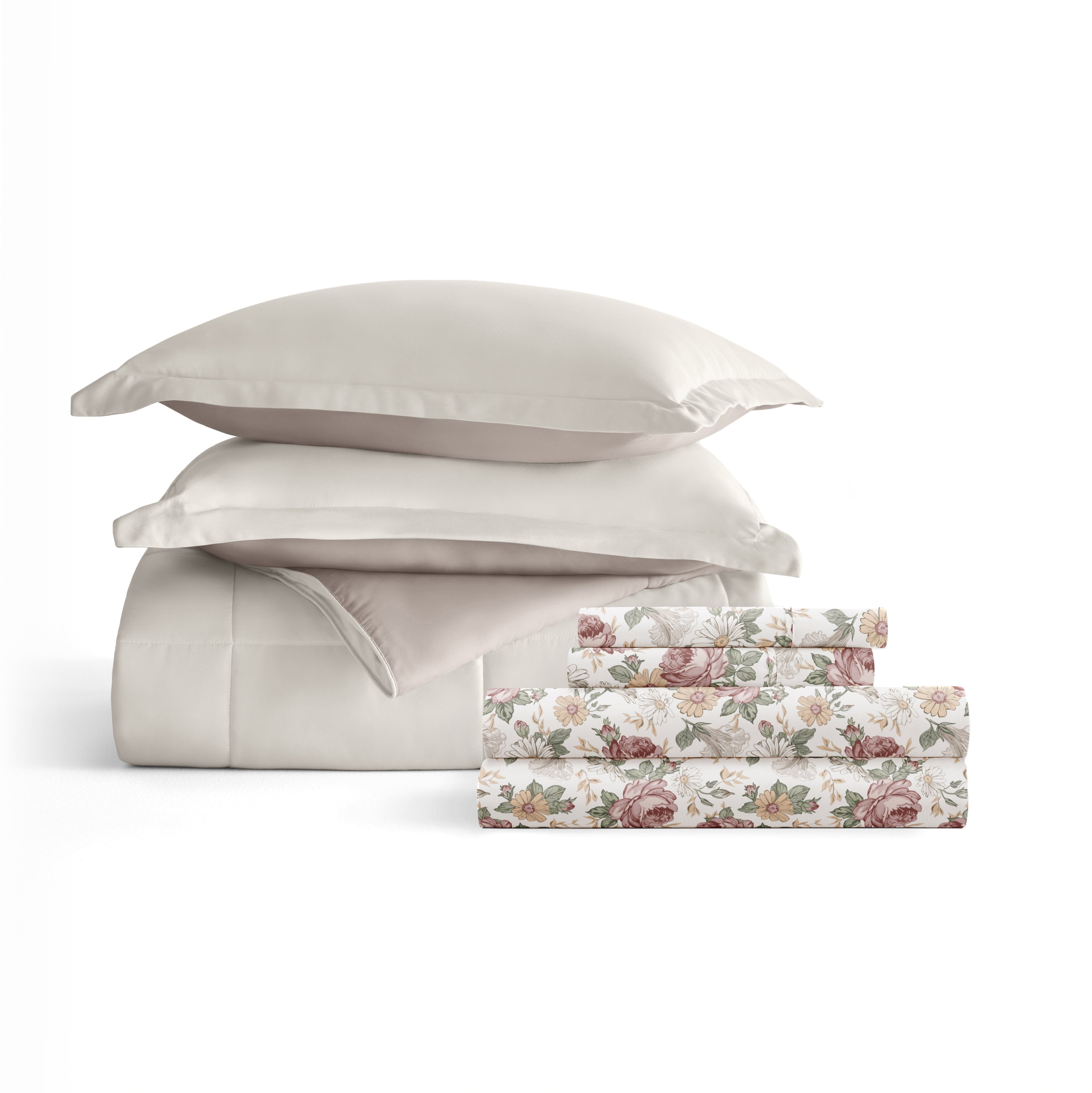 Noble Linens 7 Piece Bedding Bundle, Reversible Comforter and Patterned Sheet Set, California King