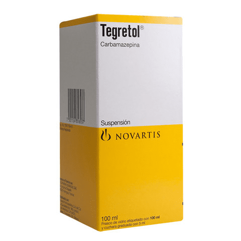 tegretol suspensión 100 ml caja rectangular blanca y amarilla con texto 'Carbamazepina', logo Novartis y rótulo 'Suspensión', frontal y lateral visibles con indicador de contenido '100 ml'.