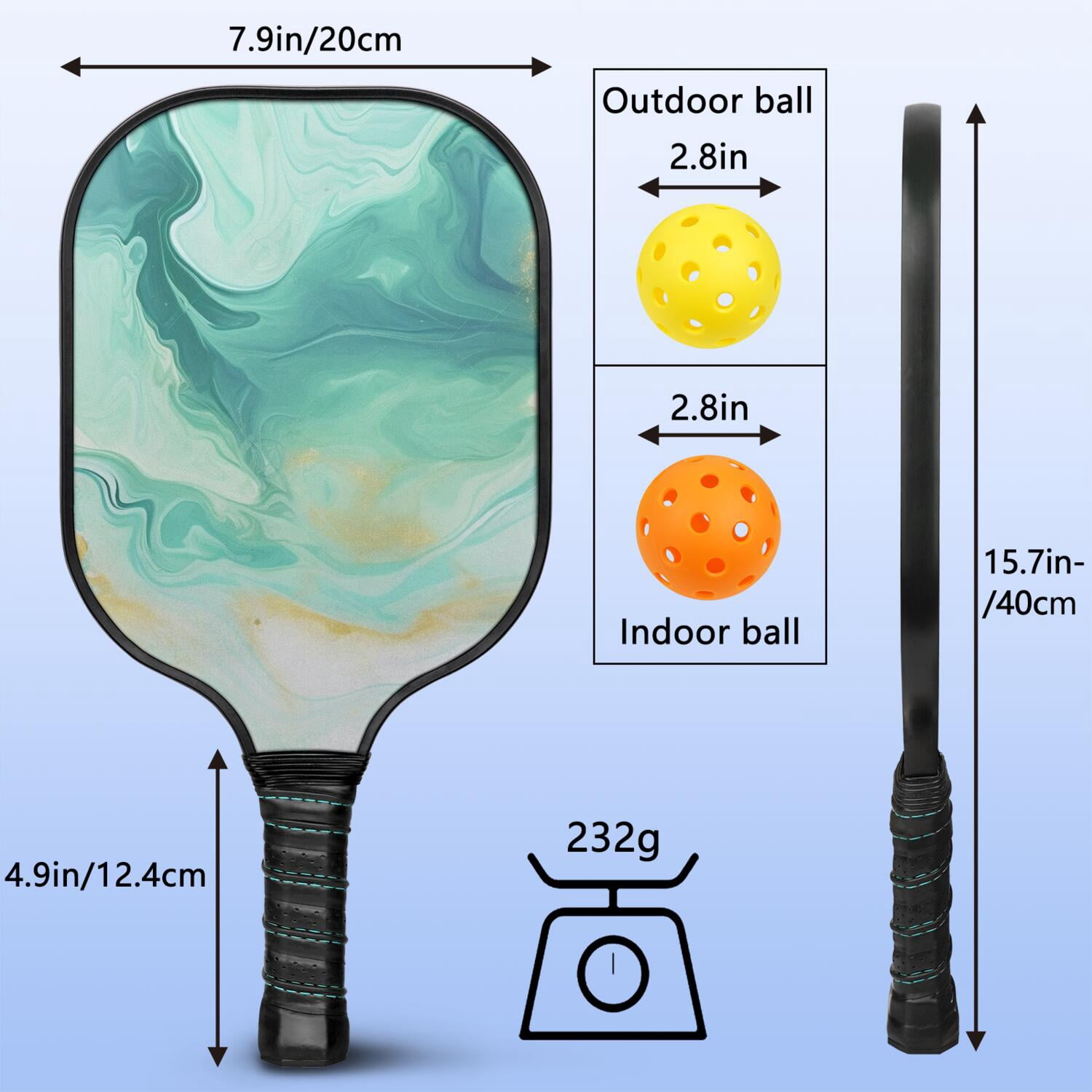 Pickleball Paddles Set Of 2, Fiberglass Surface, Turquoise Marble Pattern, 4 Balls & Bag