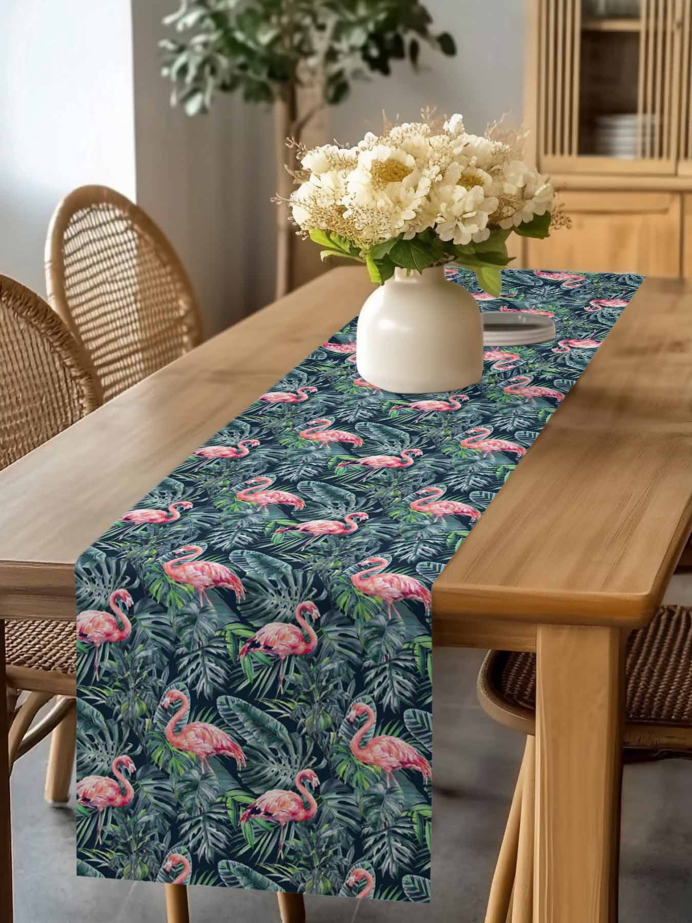 Pink Flamingo Table Runner, Country Tropical Animal Green Monstera Plant Farmhouse Washable Cotton-linen Table Runners Dining Kitchen Decoration for Everyday Home Wedding Party Decor, 13 x 108 Inch