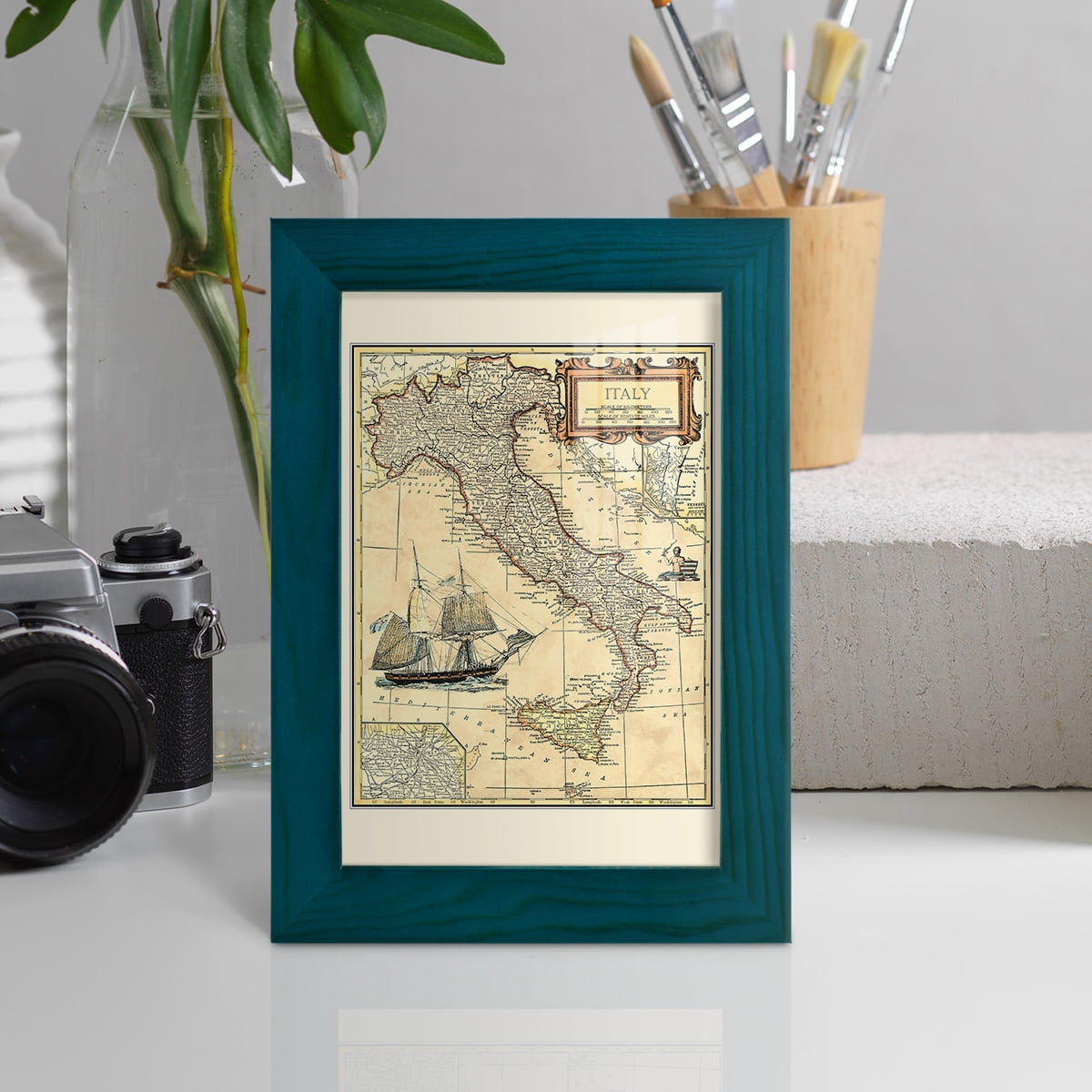 Italy Map -Framed Print w/glass-Ocean Blue