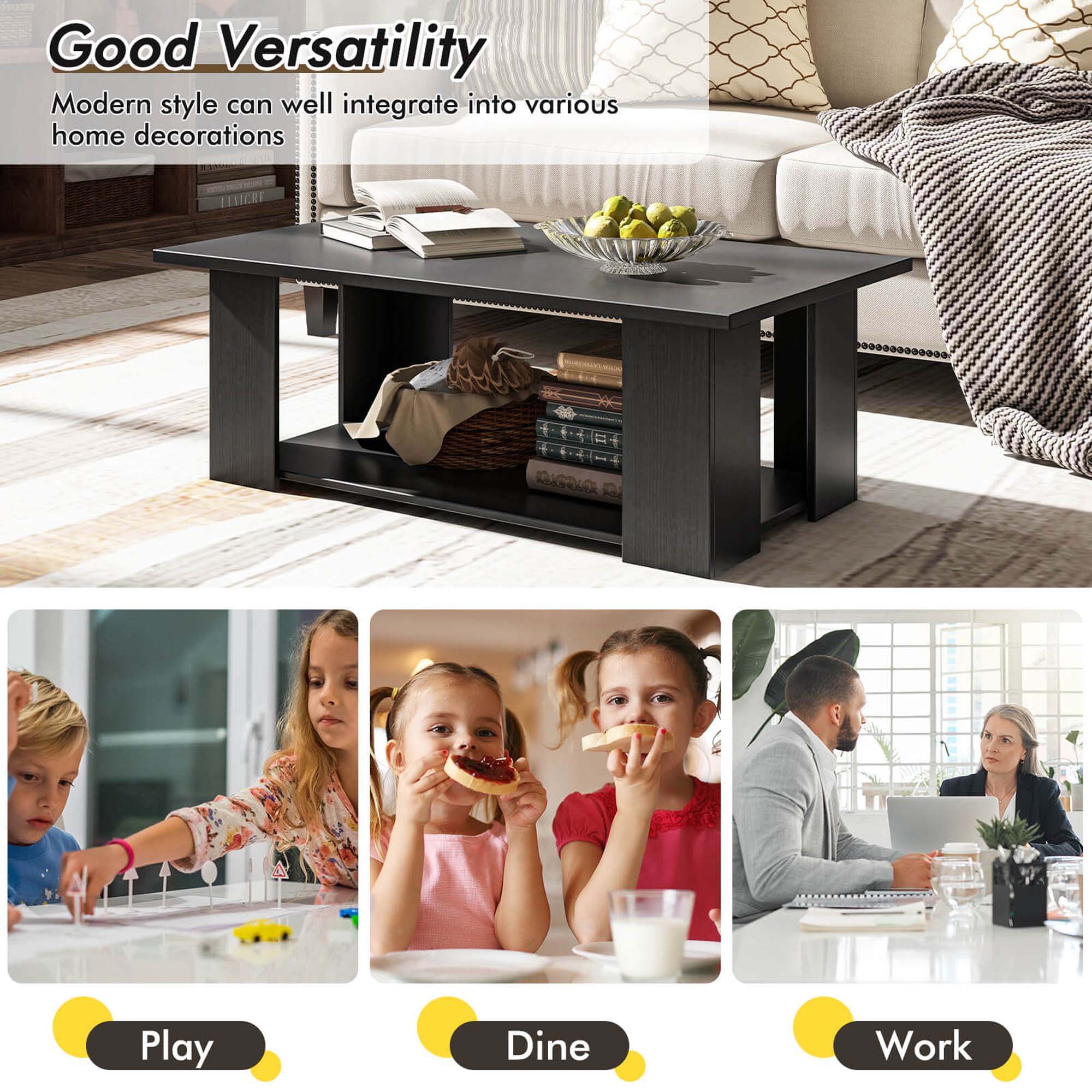 Costway Coffee Table 2-Tier Modern Center Cocktail Table with Storage Shelf for Living Room Black