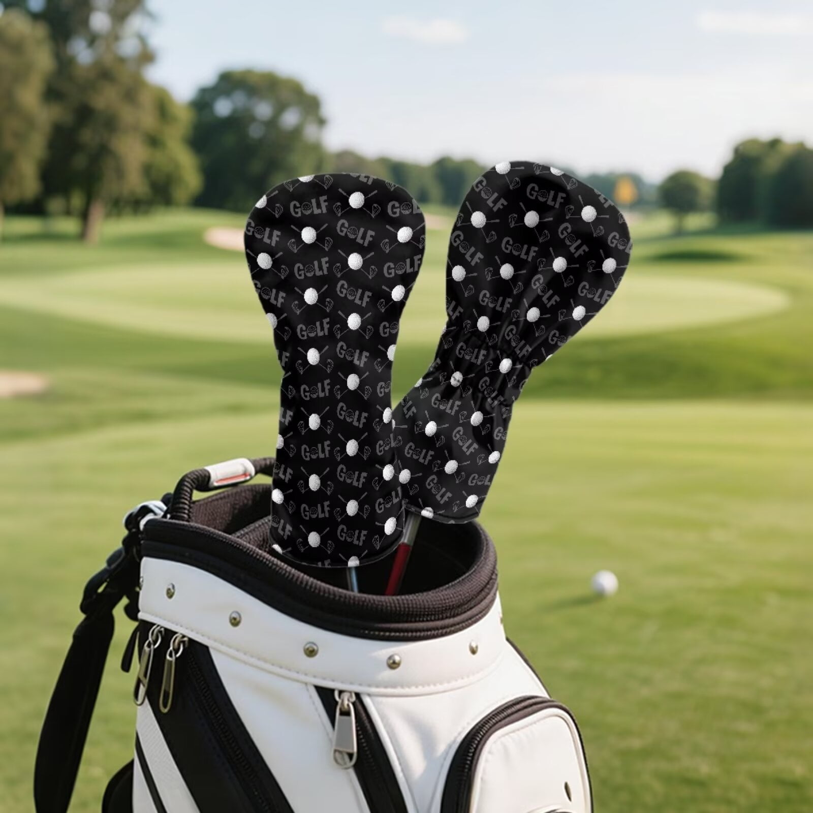 Uorisanigo Golf Club Head Cover PU Leather Black Golf Print Headcovers 3 Pcs Set Fits Driver Fairway Wood Hybrid Headgear, Durable Accessories for Women Men