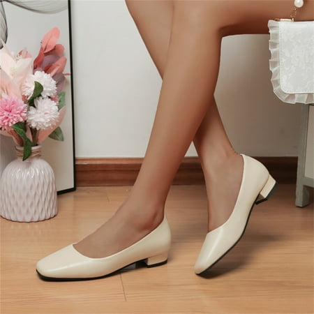 

Cathalem Ladies Fashion Solid Color Leather Square Toe Shallow Mouth Heel Casual Shoes Women Slingback Shoes Beige 8