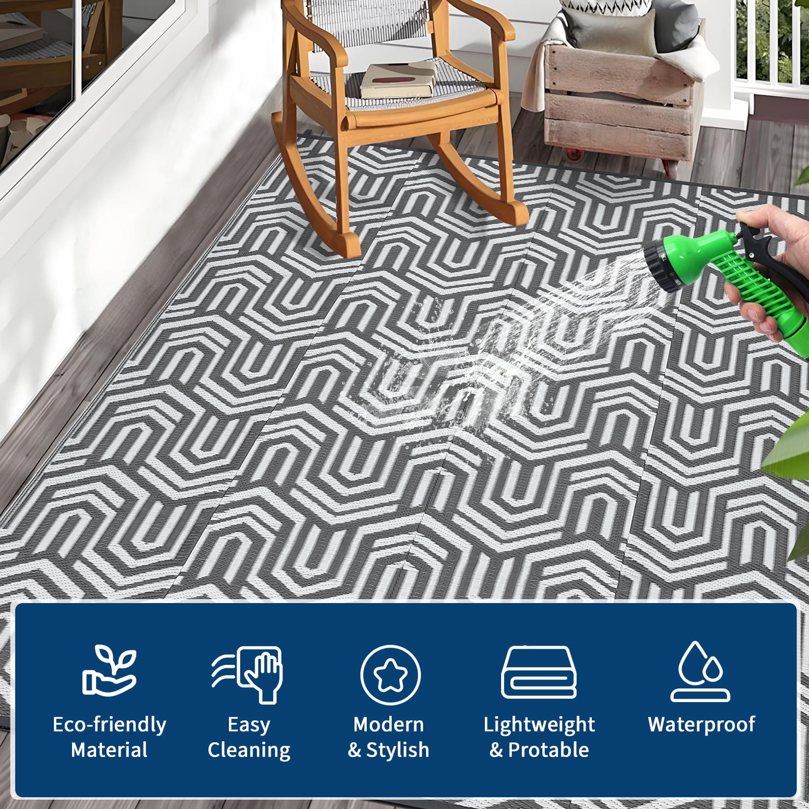 Garvee Waterproof Outdoor Rug 8x10ft Reversible Patio Rug, Plastic Straw Rug RV Camping Rug for Deck Balcony Porch Picnic Backyard, Gray White
