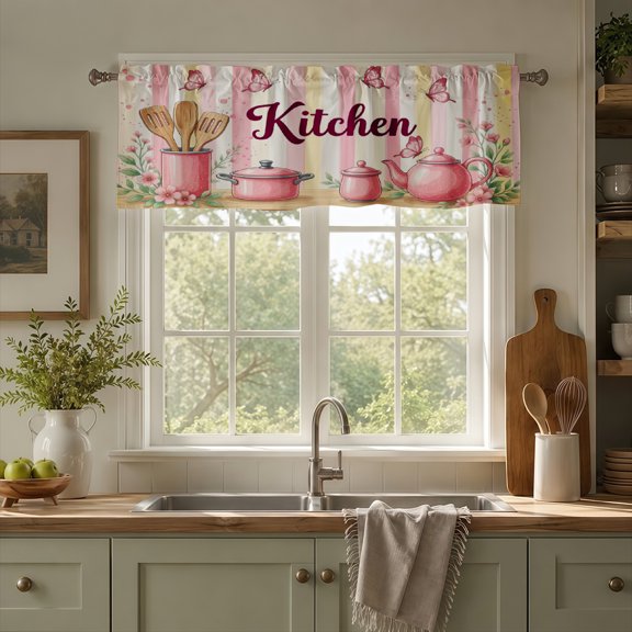 Rdsfhsp Kitchen Window Valance Curtain, Pink Kitchen Utensils Pattern Decorative Rod Pocket Short Curtain for Home Decor