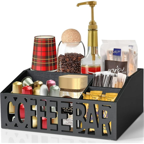 Countertop Coffee Organizer Station Bar Organizer, Black Coffee Pods Holder for Sugar, Paper Cups, Syrup Dispenser, Farmhouse Coffee Bar Accessories for Counter, Coffee Lovers Gift