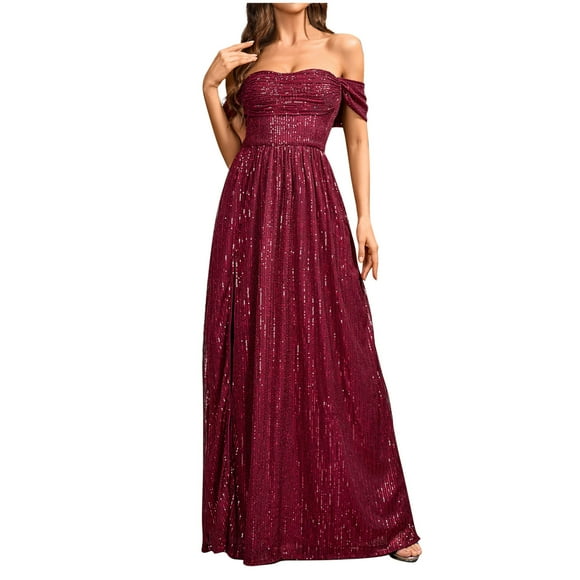 Pisexur Womens Dresses Sleeveless Off-Shoulder Party Dress Fashion Sequin Homecoming Dresses Flowy Pleated Cocktail Dresses for Women Tunic Slit Maxi Dress Elegant Formal Wedding Guest Dress