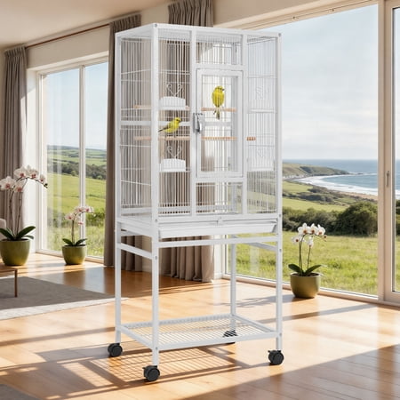 Uforic 53" Metal Bird Cage with Rolling Stand, 2 Perches and 4 Feeders, White