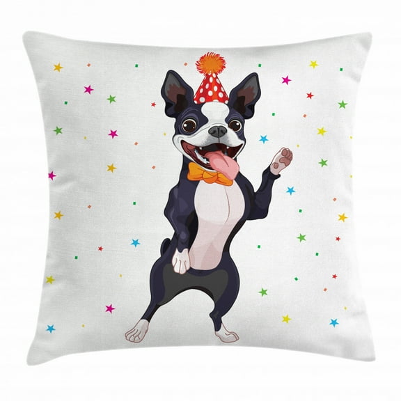 Boston Terrier Throw Pillow Cushion Cover, Party Puppy Figure Celebrating His Birthday on Colorful Stary Background, Decorative Square Accent Pillow Case, 18 X 18 Inches, Multicolor, by Ambesonne