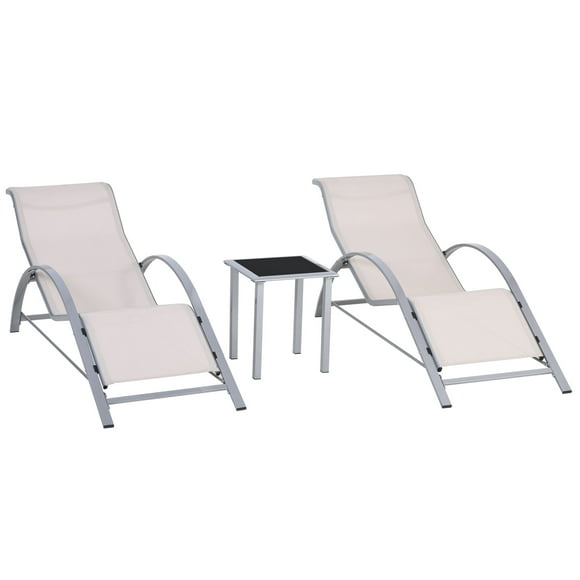 Outsunny 3 Pieces Patio Pool Lounge Chairs Set, Outdoor Chaise lounge with 2 S-Shaped Sunbathing Chairs and a Glass Top Table, for Yard Garden, Cream White