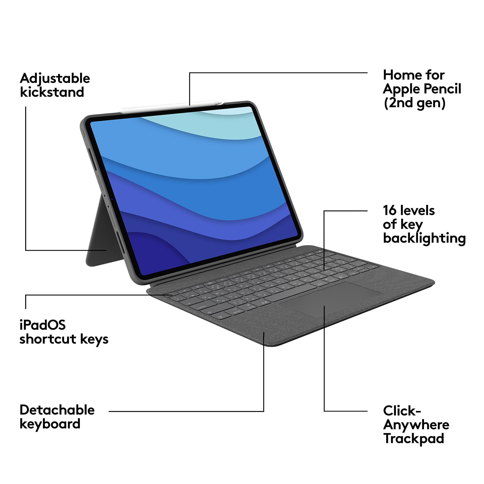 Restored Logitech Combo Touch iPad Pro 12.9" 5th 6th gen 2021 2022 Keyboard Case - Grey (Refurbished)