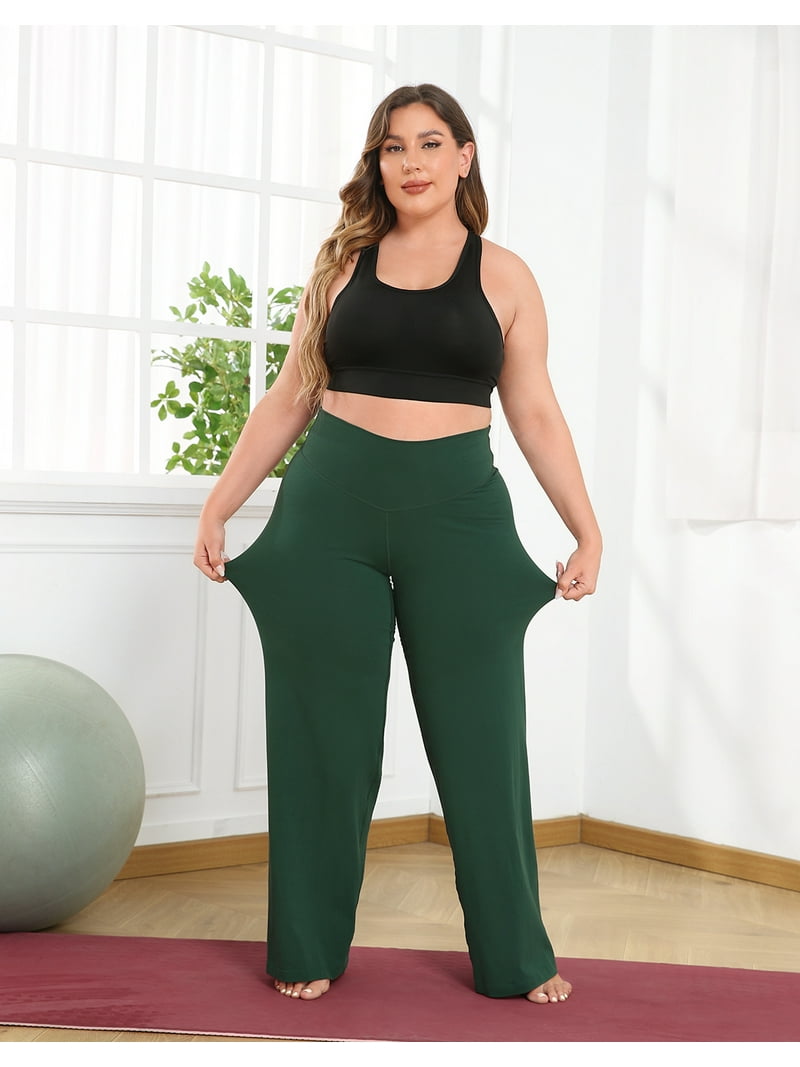 HDE Women's Plus Size Yoga Pants High Waisted Wide Leg Leggings Dark Green 5X -