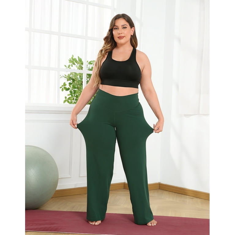 HDE Women's Plus Size Yoga Pants High Waisted Wide Leg Leggings Dark Green  5X 