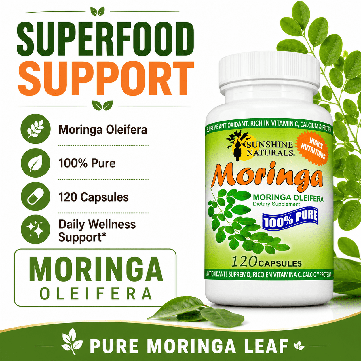 (3 pack) Sunshine Naturals Moringa Leaf Capsules, Moringa Oleifera Dietary Supplement, Vegan Capsules, Plant-Based Herbal Supplement, 120 Capsules