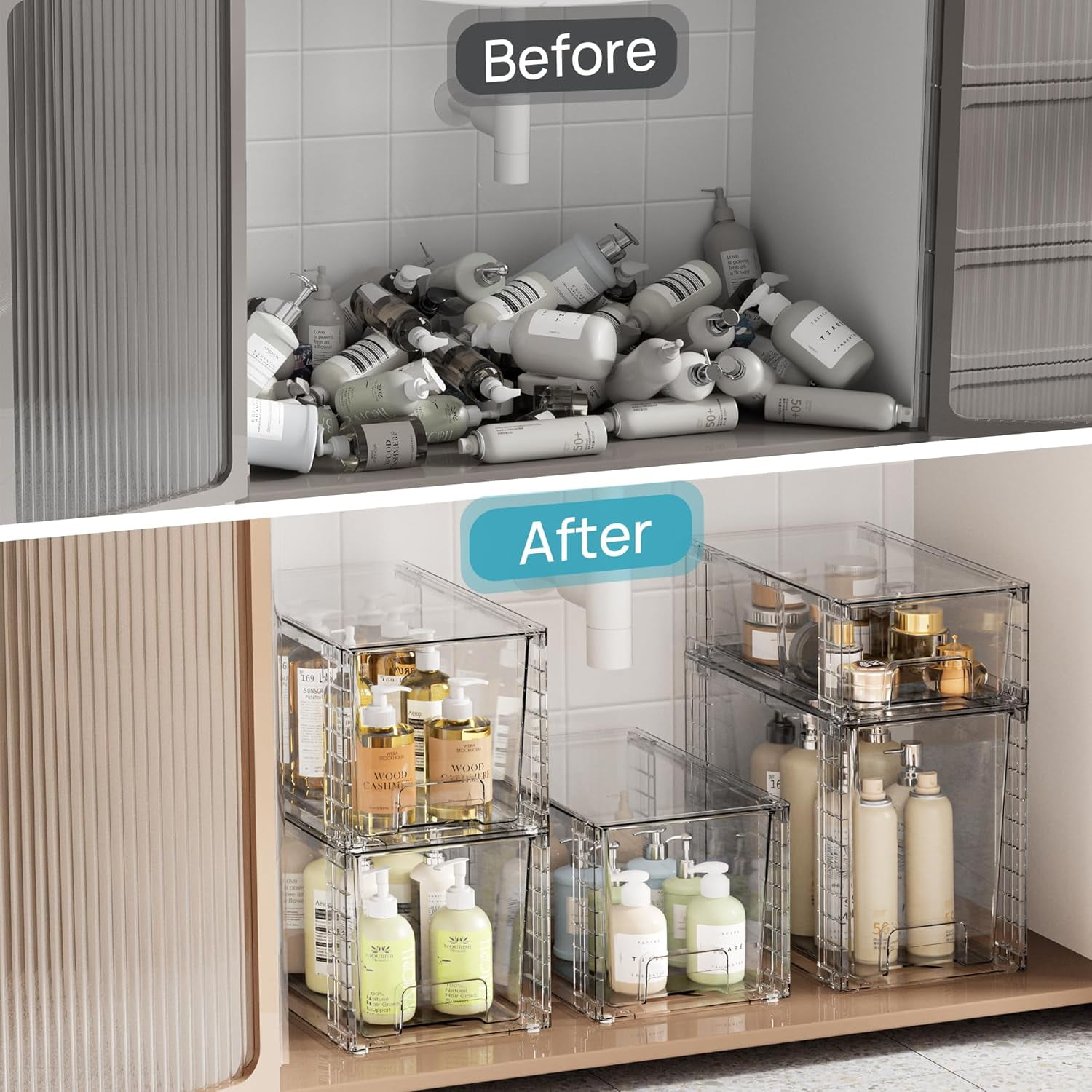 3 Pack Clear Stackable Storage Drawers,Easy to Assemble Bathroom Organizers and Storage with handles,Plastic Drawers for Kitchen Pantry,Cabinet,Under Sink Organization