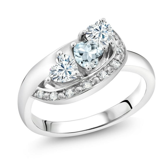 Gem Stone King 925 Sterling Silver Sky Blue Aquamarine and White Moissanite and White Created Sapphire Engagement Ring for Women (0.77 Cttw, Gemstone March Birthstone, Heart Shape 4MM, Size 8)