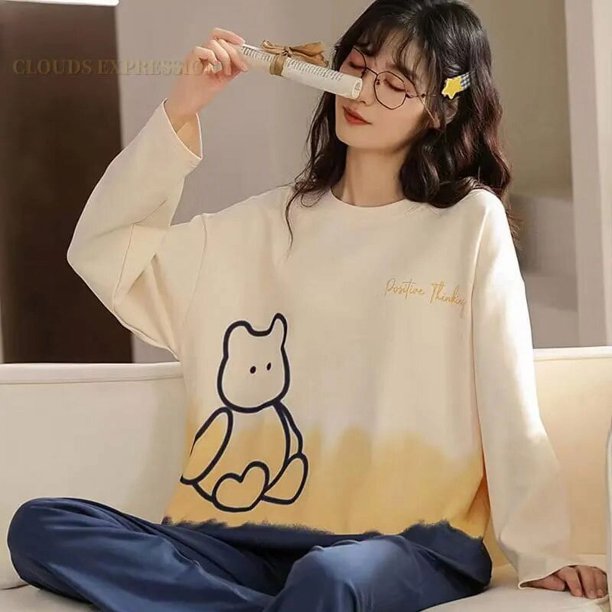 Conjuntos de pijama de poliéster para mujer, ropa de dormir a rayas, ropa de dormir para el hogar de dibujos animados, trajes informales de talla grande 5XL, primavera y otoño