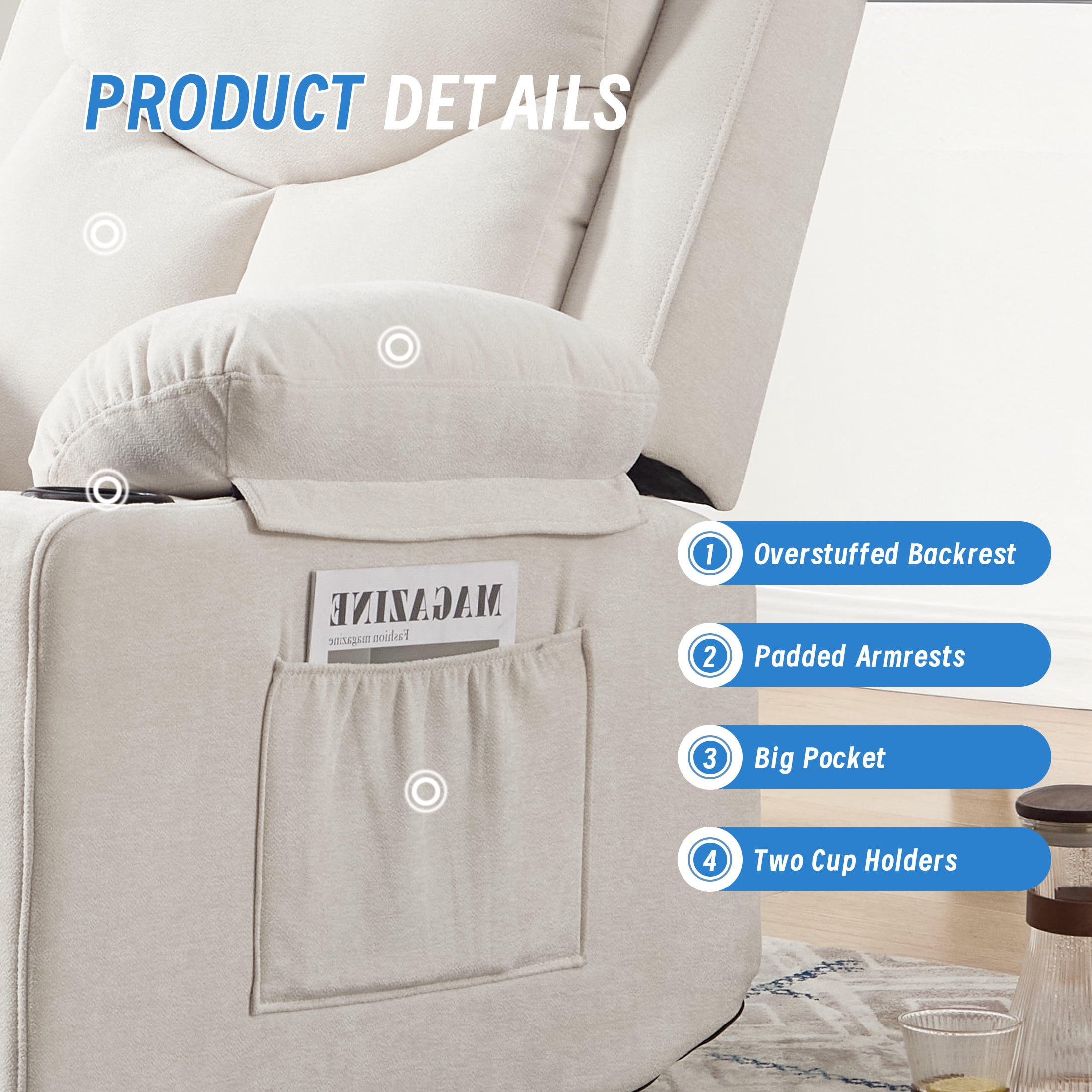 Manual Rocker Recliner Chair for Adults with Vibration Massage,Glider Rocking Recliner Chairs for Living Room Bedroom Overstuffed Soft Reclining Sofa Chair with Pockets and Cup Holds (Beige)