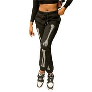 Yuemengxuan Women Fashionable Halloween Loose Style Pants, Black Skeleton Pattern Sweatpants