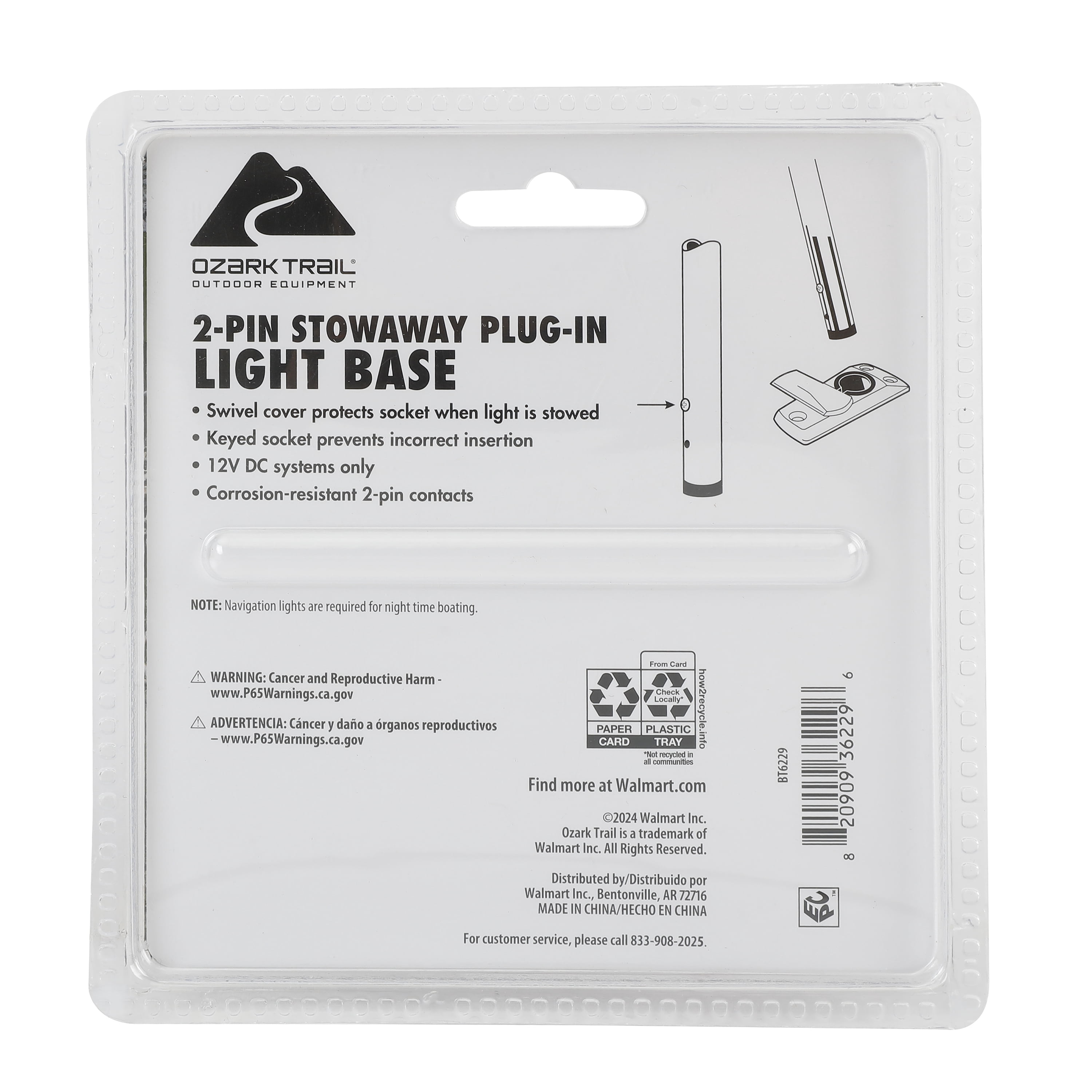 Ozark Trail Marine Stow-Away Plug-in Boat Light Base, 2-Pin