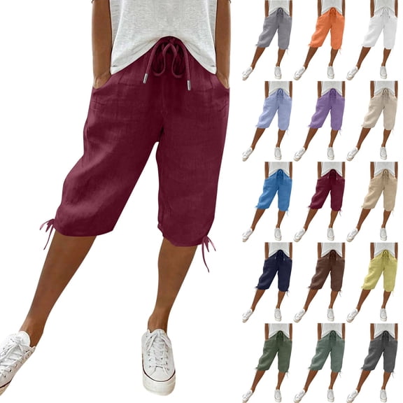 Plus Size Bermuda Shorts for Women Knee Length Cotton Linen Elastic Waist Drawstring Shorts Summer Loose Capri Pant Wine S