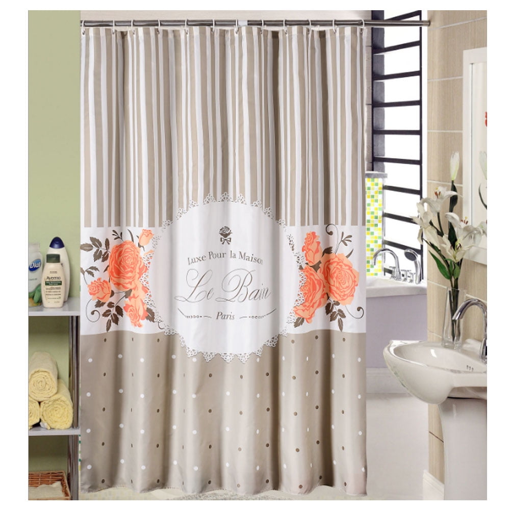 72 x 78 inches Shower Curtain Pink Rose Brown Leaves Stripes Paris