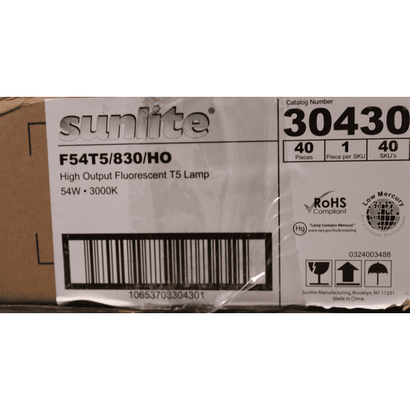 Sunlite 54W T5 HO 4FT Linear Fluorescent Tube Light Bulb, 3000K Warm White, 5000 lmns, Mini G5 Bi-Pin Base, ROHS, 40-Pack