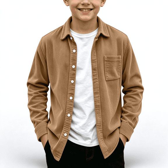 NEBWOAK Boys Corduroy Button Down Long Sleeve Shirt, Casual Solid Color Overshirt Shacket Jacket, Brown,Size 10-11T